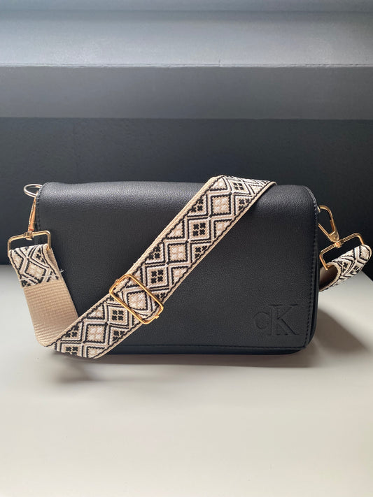 Bagstrap beige met zwarte print