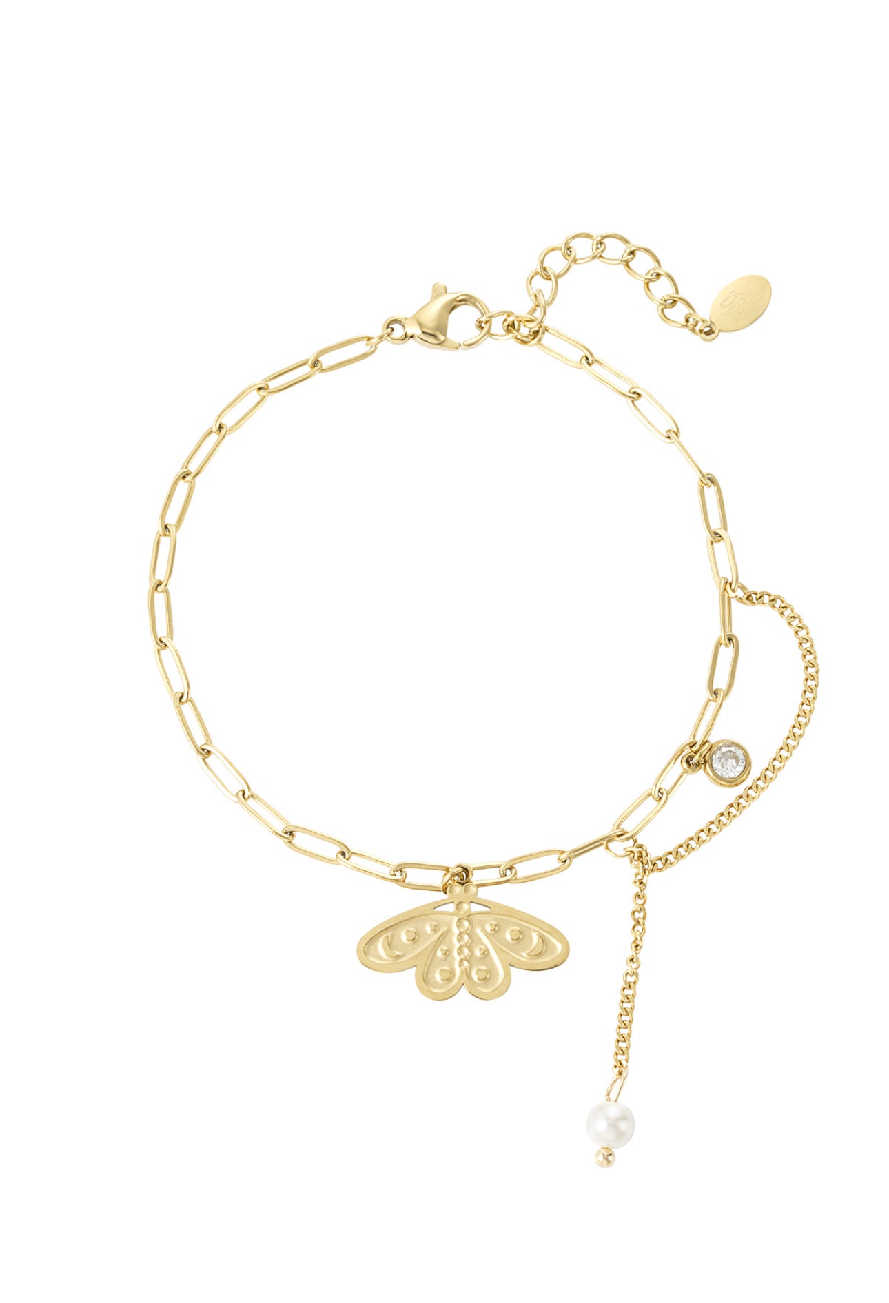 Armband met bedel vlinder en hanger met pareltje en strass steentje
