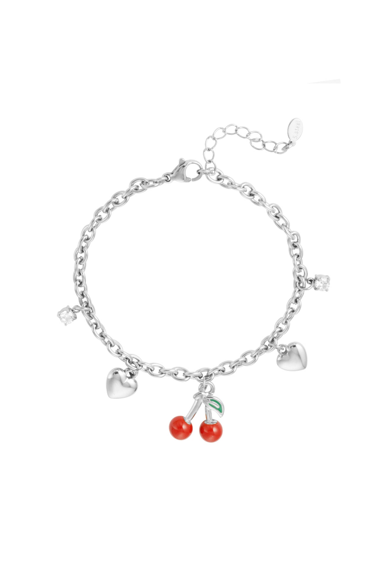 Armband met bedels en kersje zilverkleur 