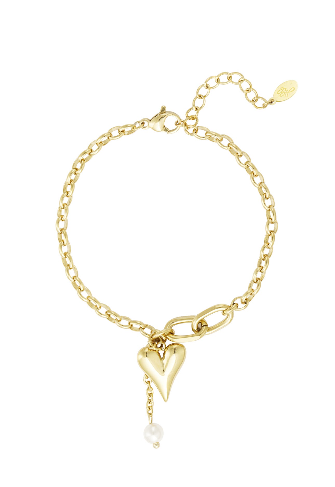 Armband schakels hartje en imitatieparel goudkleur 