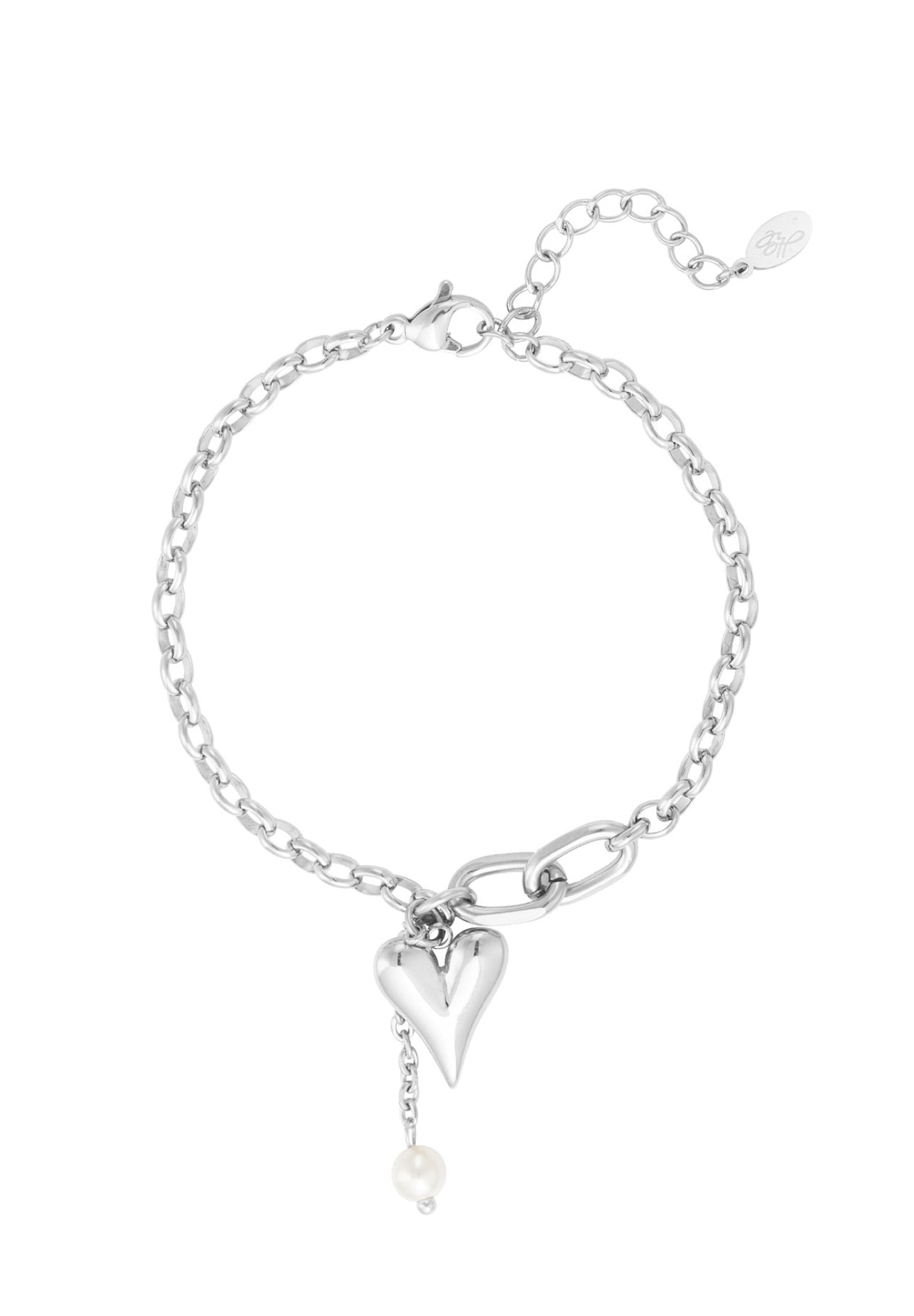 Armband schakels hartje en imitatieparel zilverkleur 