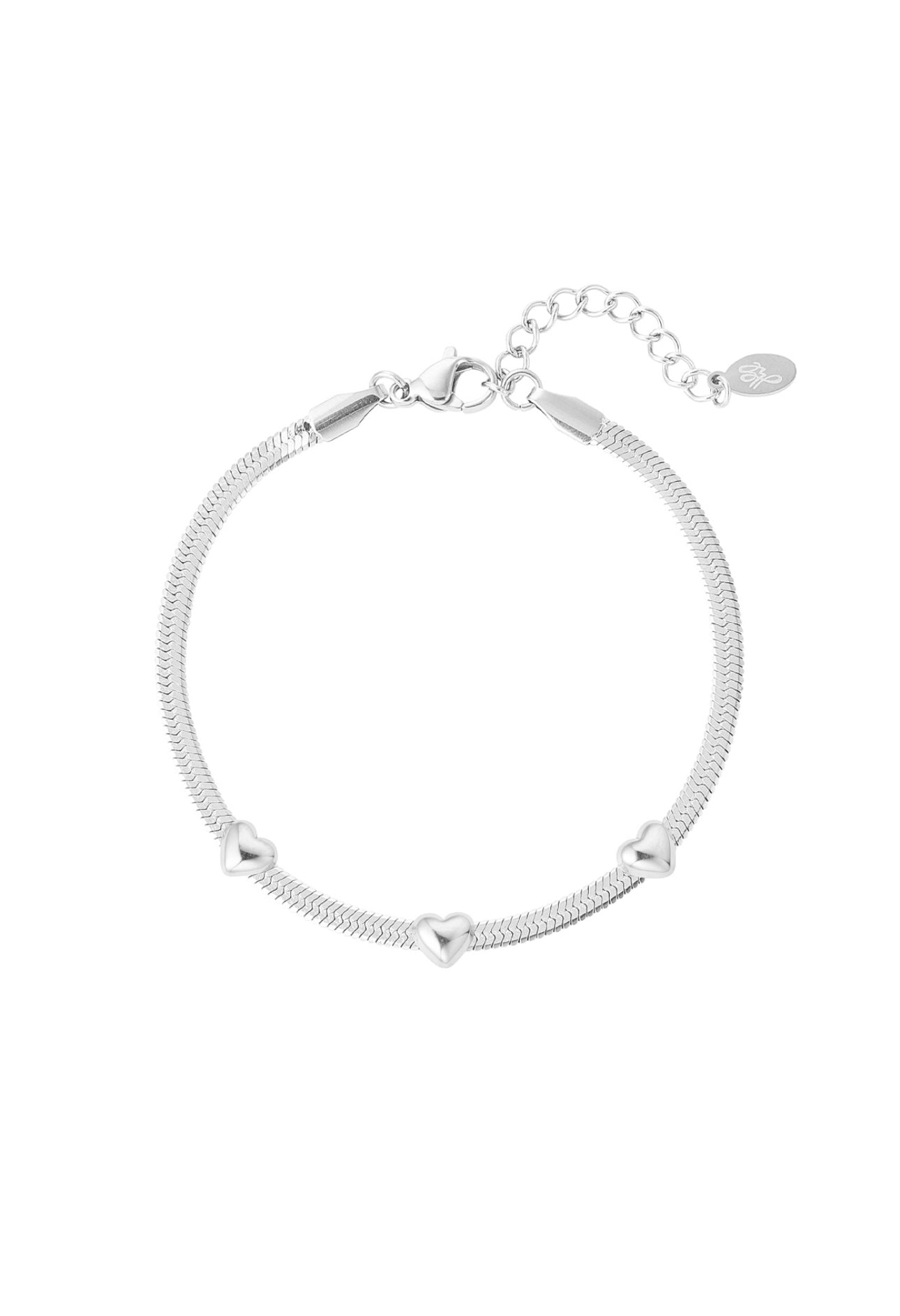 Armband snake chain met 3 hartjes Zilverkleur 