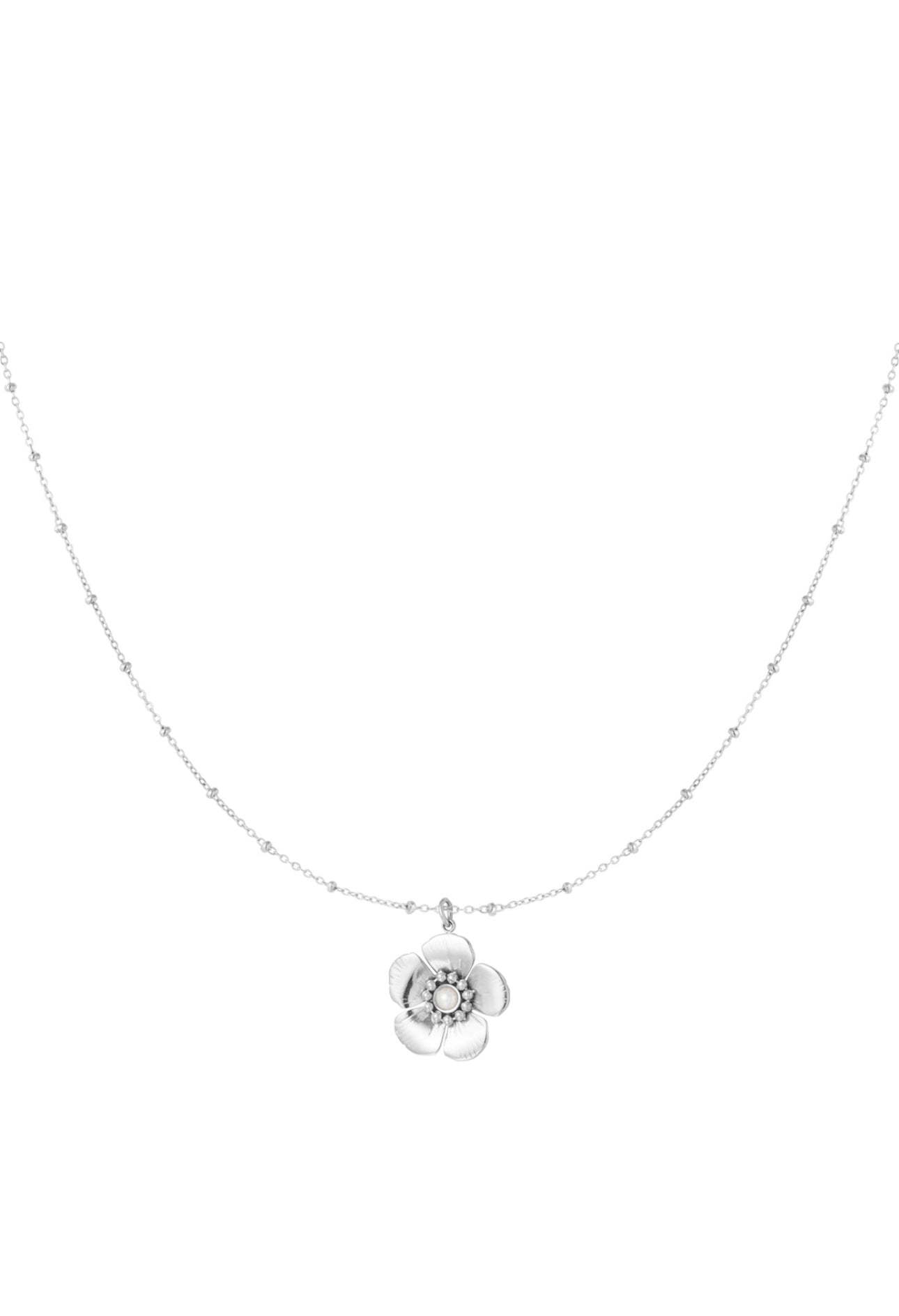 Ketting met bloem en parel zilverkleur 