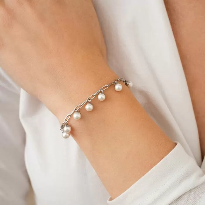 Schakelarmband met parels zilverkleur waterproof 