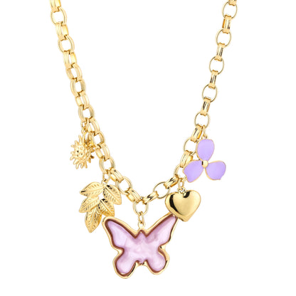 Vlinder bedelketting paars en goudkleur 