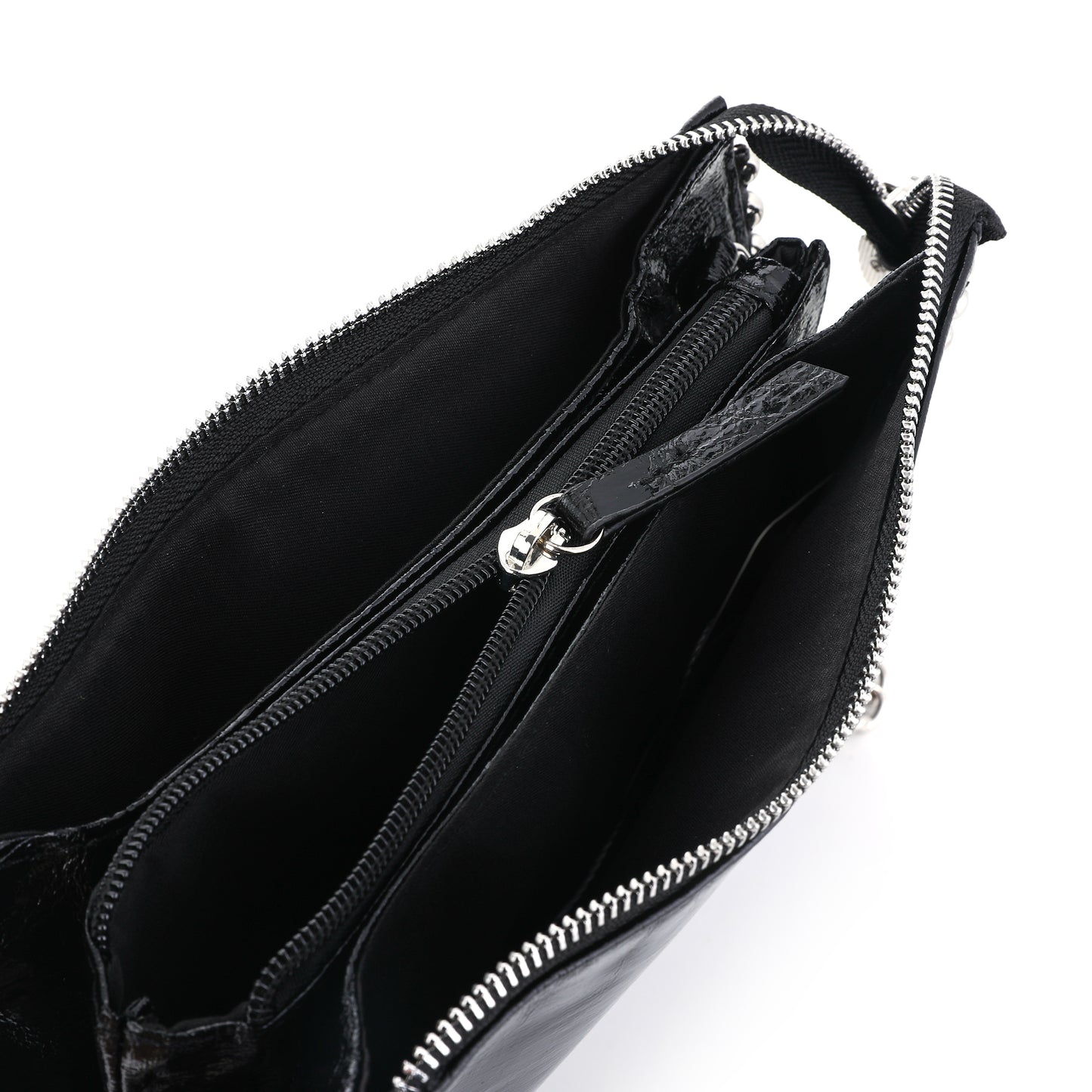 Zwarte lak schoudertas / crossbody bag Binnenkant 