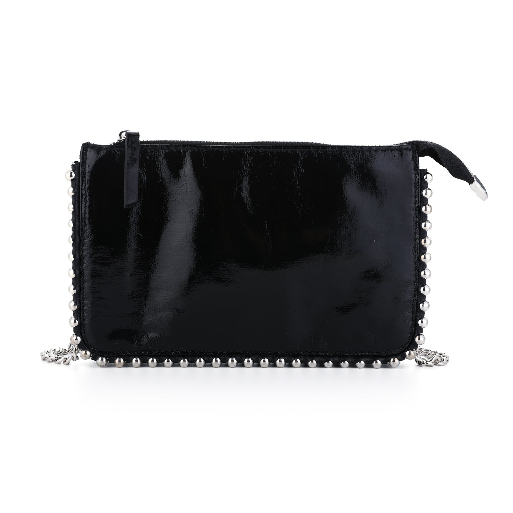 Zwarte lak schoudertas / crossbody bag met zilveren bolletjes 